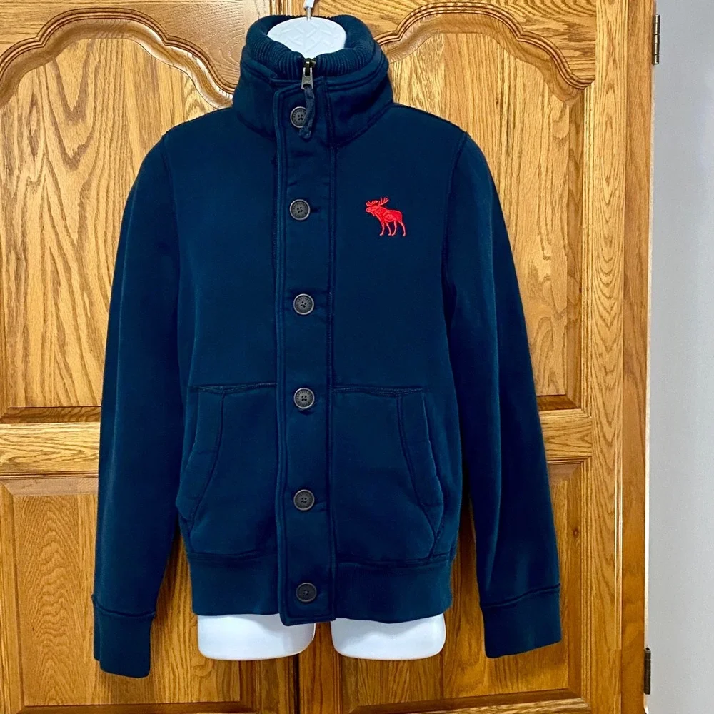 VTG Abercrombie & Fitch Jacket Mens M Navy Blue Red Fleece Lined Mock Neck Moose